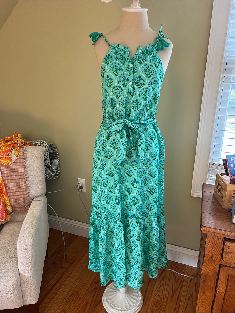 CELINA MOON Anthropologie S Teal Green Printed Halter Maxi Dress NWT tassels